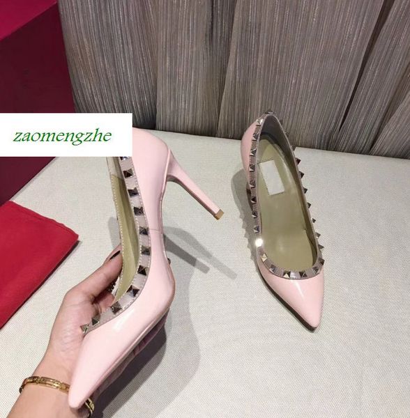 designer pointed studs high heels patent leather rivets sandals women shoes valentine high-heeled shoes 8.5cm, Black
