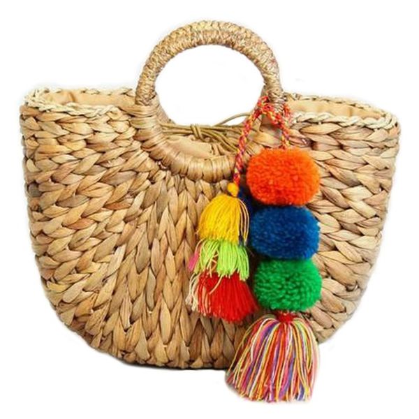 handmade bag women pompon beach weaving ladies straw bag wrapped beach moon shaped
