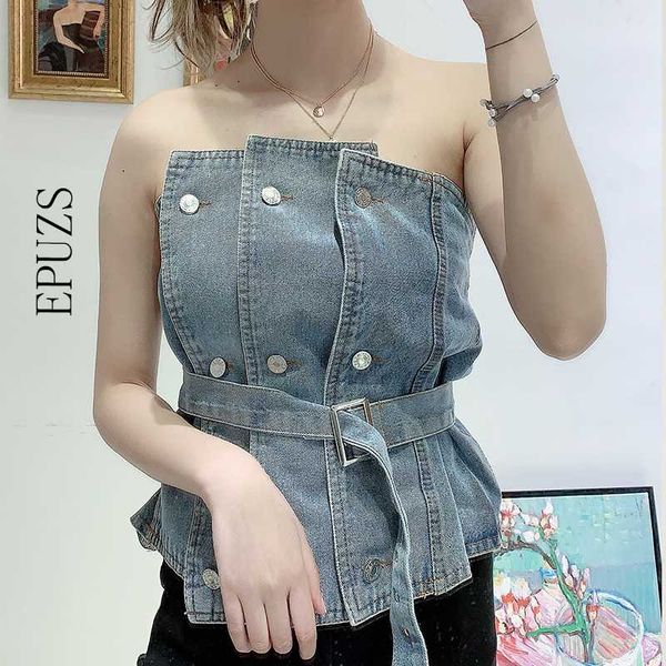 women's blouses & shirts fashion blue denim women black sleeveless belt jeans blouse straeetwear summer 2021 korean retro, White
women's blouses & shirts fashion blue denim women black sleeveless belt jeans blouse straeetwear summer 2021 korean retro, White