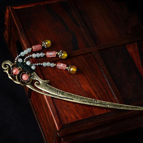 

ethnic hair for women copper alloy hair jewelry watermelon crystal aventurine tassel classic palace hairpin, Golden;white