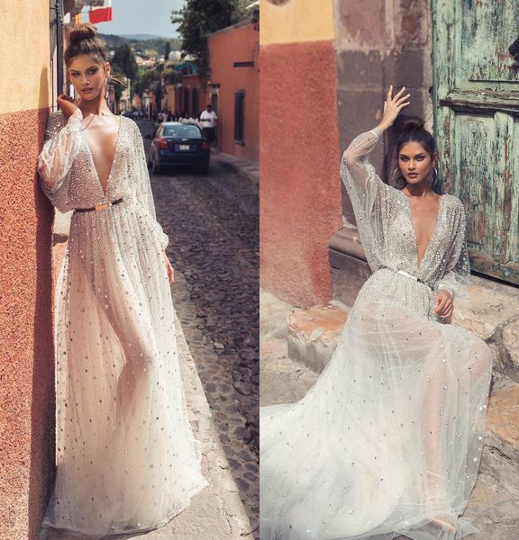 2019 julie vino boho wedding dresses deep v neck lace crystal a line illusion beach wedding dress sweep train bohemian bridal gowns, White
2019 julie vino boho wedding dresses deep v neck lace crystal a line illusion beach wedding dress sweep train bohemian bridal gowns, White