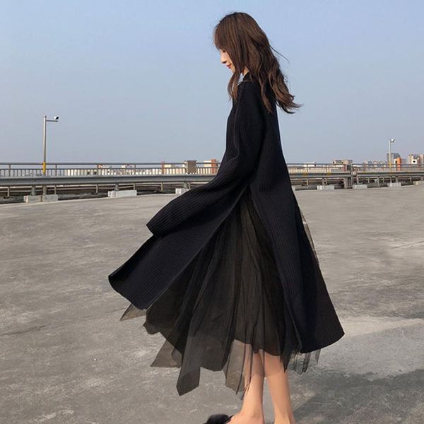 casual dresses spring sweater dress women black mesh patchwork office ladies elegant fashion korean style plain a line pullover split, Black;gray
casual dresses spring sweater dress women black mesh patchwork office ladies elegant fashion korean style plain a line pullover split, Black;gray