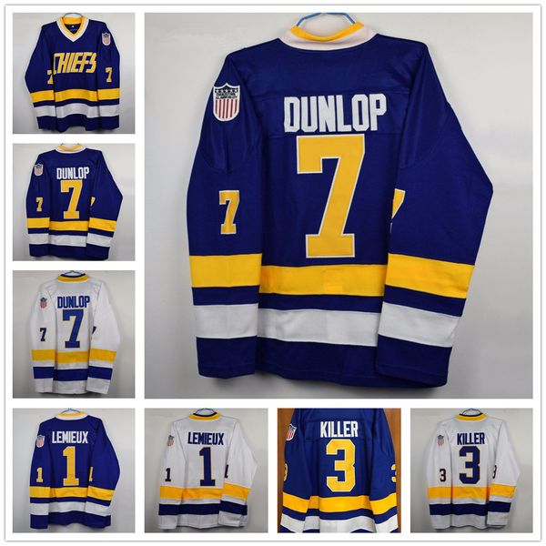 #1 Denis Lemieux #3 Dave Killer #7 Dunlop #16 #17 #18 Hanson Slap Smovie Hockey Jerseys Custom Any Name Number Stitched Xxxl White Blue