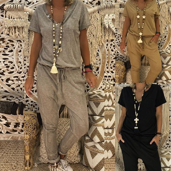 summer fashion solid color v-neck loose short sleeve pants jumpsuit, Black;white
summer fashion solid color v-neck loose short sleeve pants jumpsuit, Black;white