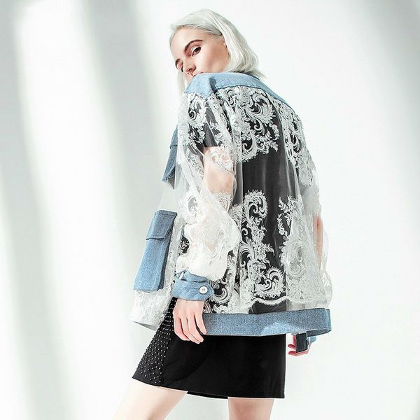 summer vintage perspective lace patchwork denim women coat stand collar long sleeve button pockets slim female jacks e217, Black;brown
summer vintage perspective lace patchwork denim women coat stand collar long sleeve button pockets slim female jacks e217, Black;brown