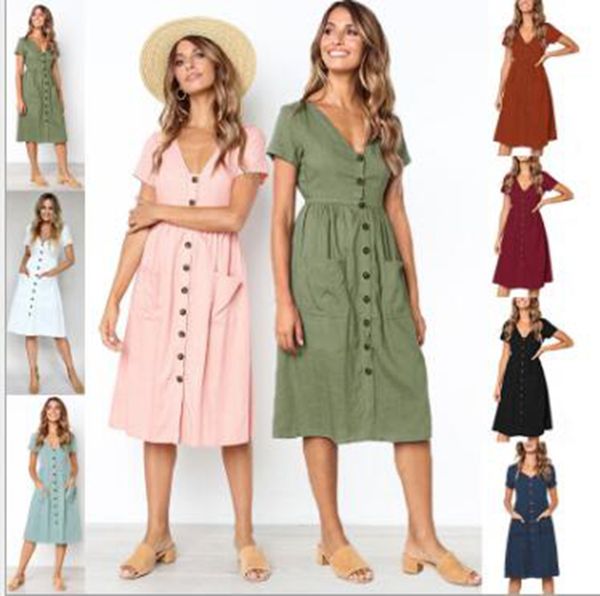 explosion models women's 9-color summer fashion v-neck button wild pocket short-sleeved dress, Black;gray
explosion models women's 9-color summer fashion v-neck button wild pocket short-sleeved dress, Black;gray