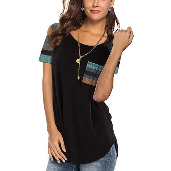 women's summer fashion round neck stripe print pocket loose t-shirt black  size, White 
women's summer fashion round neck stripe print pocket loose t-shirt black  size, White
