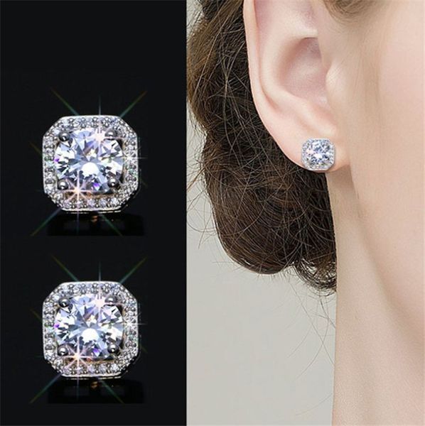 Luxury Classic Square Cubic Zirconia Stud Earrings Shiny Designer Jewelry Women Earrings Large Crystal Silver Stud Earrings