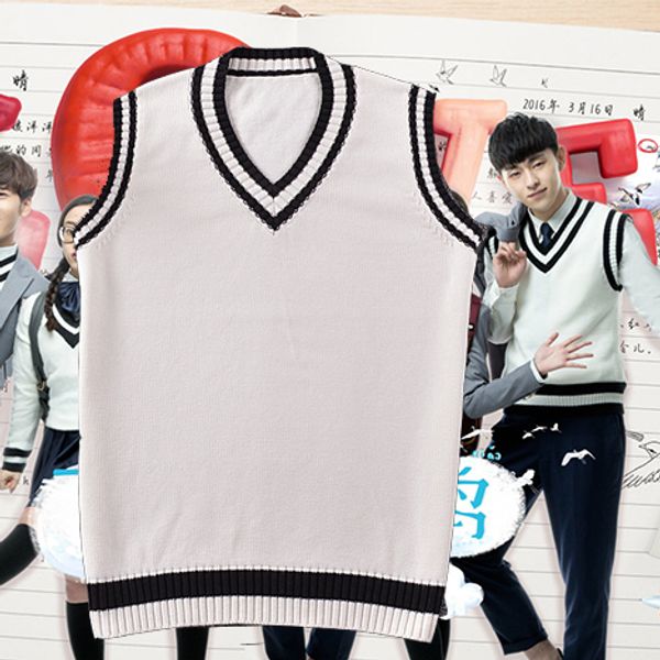 british school knitted cotton v-neck vest jk school uniform sleeveless sweater cotton color white with black line, Black;white
british school knitted cotton v-neck vest jk school uniform sleeveless sweater cotton color white with black line, Black;white