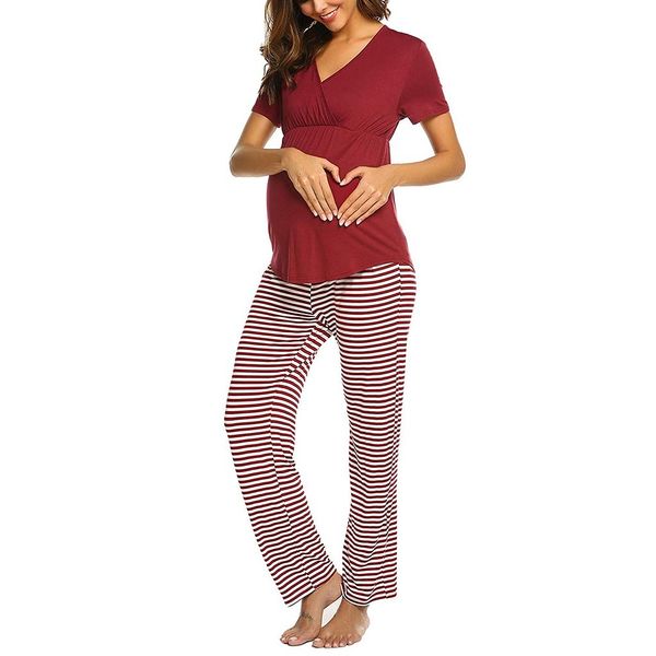 2019 women maternity v-neck nursing baby t-shirt +stripe pants pajamas set, White
2019 women maternity v-neck nursing baby t-shirt +stripe pants pajamas set, White