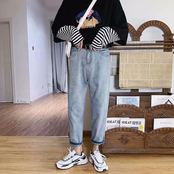 hong kong style 2020 spring autumn loose retro men's jeans korean straight wide leg harem pants trendy ankle length pants, Blue 
hong kong style 2020 spring autumn loose retro men's jeans korean straight wide leg harem pants trendy ankle length pants, Blue