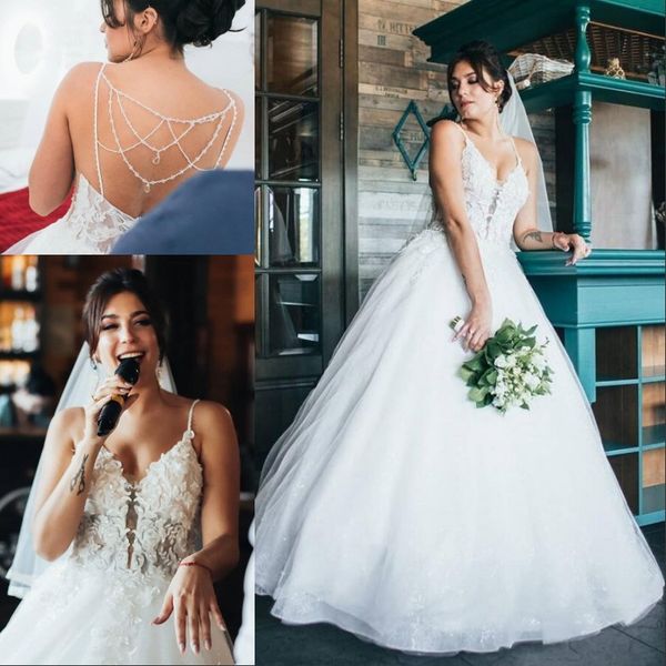 plus size spaghetti strap a line tulle bridal wedding dresses appliques backless long wedding gowns with beading, White
plus size spaghetti strap a line tulle bridal wedding dresses appliques backless long wedding gowns with beading, White