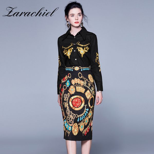 fashion runway suits set 2020 autumn women golden flower embroidery black blouse shirts+geometric print midi skirts 2 piece set, White
fashion runway suits set 2020 autumn women golden flower embroidery black blouse shirts+geometric print midi skirts 2 piece set, White