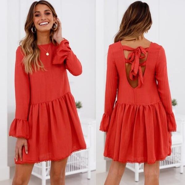 women back lace up dresses retro o-neck solid spring mini dress new fashion casual loose short dresses, Black;gray
women back lace up dresses retro o-neck solid spring mini dress new fashion casual loose short dresses, Black;gray
