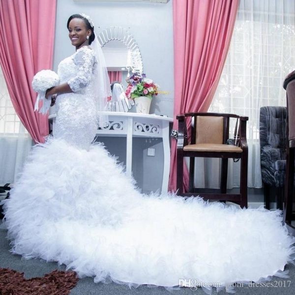 2020 african mermaid wedding dresses lace appliques beads 3/4 sleeves lace up back train tiered tulle formal bridal gowns, White
2020 african mermaid wedding dresses lace appliques beads 3/4 sleeves lace up back train tiered tulle formal bridal gowns, White