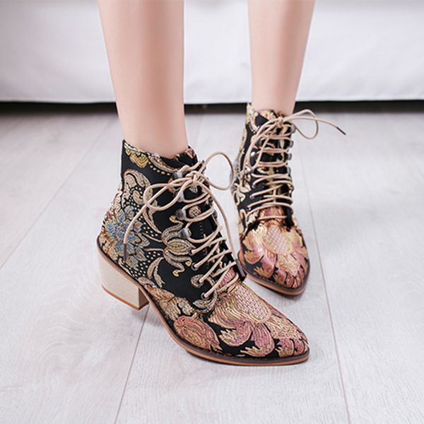 women walking shoes vintage embroidery booties middle heel pointed toe ladies ankle boots female outdoor footwear size 35-43, Black
women walking shoes vintage embroidery booties middle heel pointed toe ladies ankle boots female outdoor footwear size 35-43, Black