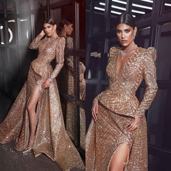 champagne deep v neck evening dresses mermiad sequins long formal party prom gowns high slit pageant gown plus size, Black;red