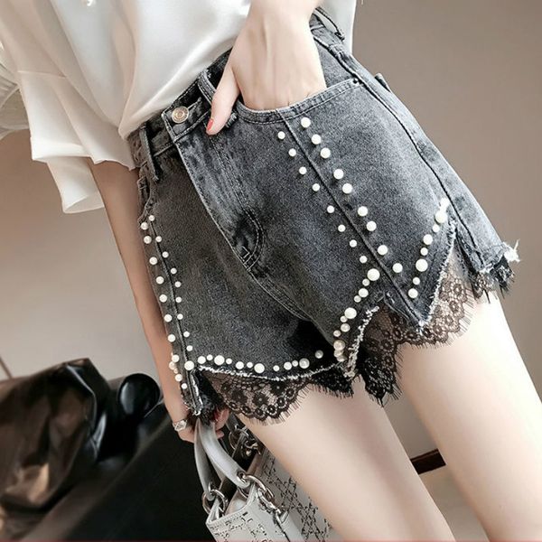 women's shorts 2021 summer women short mujer pearls beaded female high waist denim wide leg ladies casual loose jeans y137, White;black
women's shorts 2021 summer women short mujer pearls beaded female high waist denim wide leg ladies casual loose jeans y137, White;black