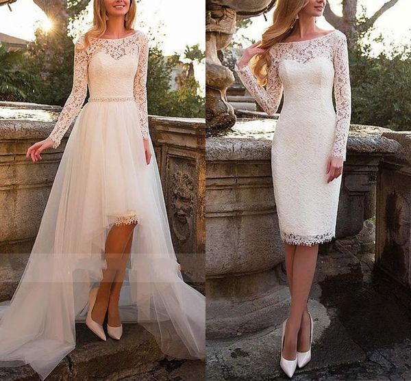 bateau sheer long sleeve lace beach wedding dresses detachable train crystal sashes backless corset back robes de mariee bridal gowns, White
bateau sheer long sleeve lace beach wedding dresses detachable train crystal sashes backless corset back robes de mariee bridal gowns, White
