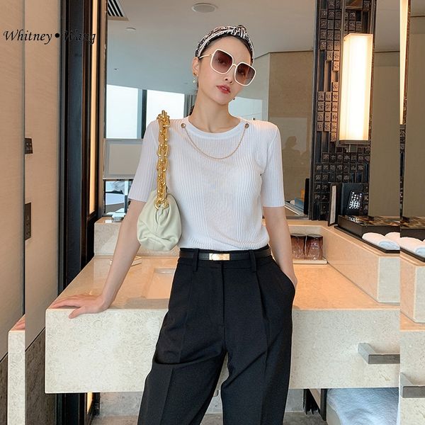 women's t-shirt whitney wang tshirt 2021 summer fashion streetwear buttons chains knitted women t shirt lady tees, White
women's t-shirt whitney wang tshirt 2021 summer fashion streetwear buttons chains knitted women t shirt lady tees, White