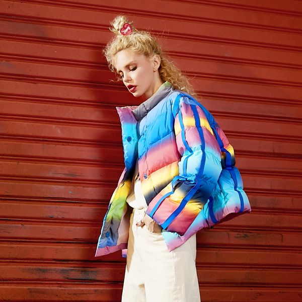 2019 winter women down jacket warm rainbow stripe print parkas female loose plus size coat brand casual overcoat y5, Black
2019 winter women down jacket warm rainbow stripe print parkas female loose plus size coat brand casual overcoat y5, Black