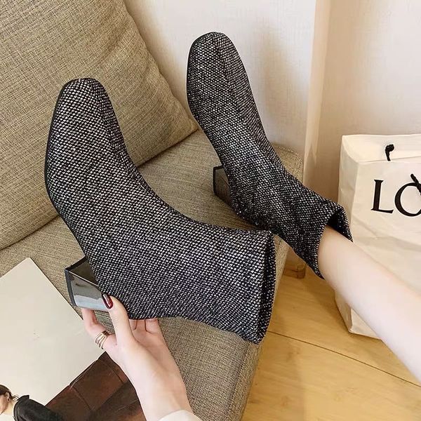 autumn's new pointy thick heel socks boots women's single boots and plush middle tube elastic high heel women's short boot, Black
autumn's new pointy thick heel socks boots women's single boots and plush middle tube elastic high heel women's short boot, Black