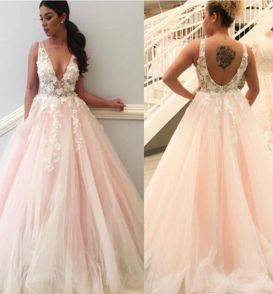 blush pink tulle garden wedding dresses new applique a-line deep v-neck backless sheer lace bridal gowns vestidos de noiva w735, White
blush pink tulle garden wedding dresses new applique a-line deep v-neck backless sheer lace bridal gowns vestidos de noiva w735, White