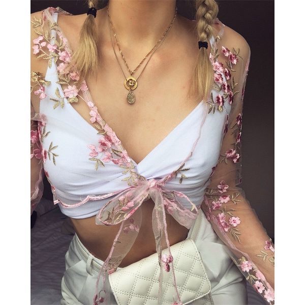 women's blouses & shirts summer women fashion transparent embroidery lace up bandage pink floral crop blouse ladies flower clothes, White
women's blouses & shirts summer women fashion transparent embroidery lace up bandage pink floral crop blouse ladies flower clothes, White