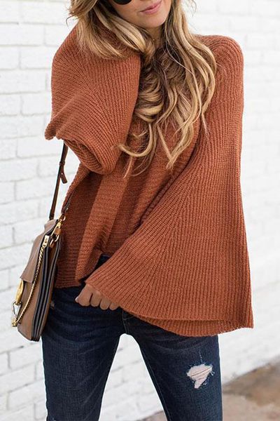 

women's knit sweater autumn winter new solid color knitwear trumpet sleeve loose turtleneck bat shirt fashion commuter top, White;black