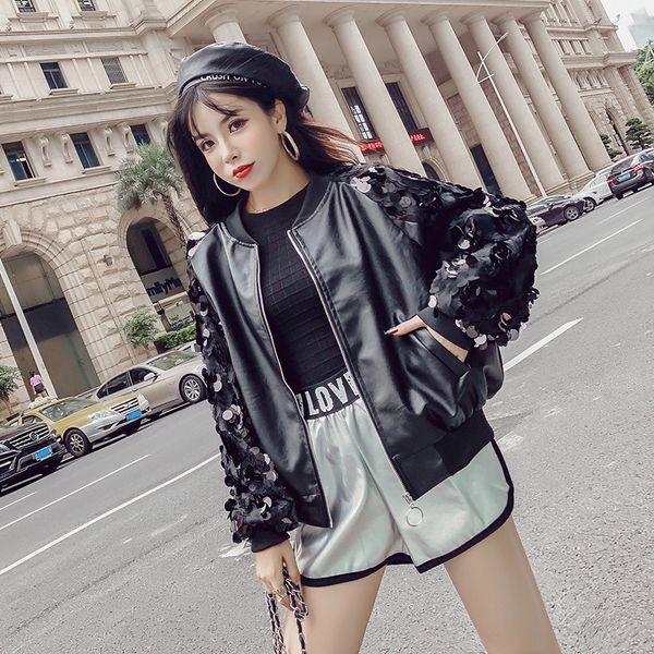 korean loose black bomber jacket coats autumn women sequins patchwork pu leather coat long sleeve basic biker jacket outerwear, Black;brown
korean loose black bomber jacket coats autumn women sequins patchwork pu leather coat long sleeve basic biker jacket outerwear, Black;brown