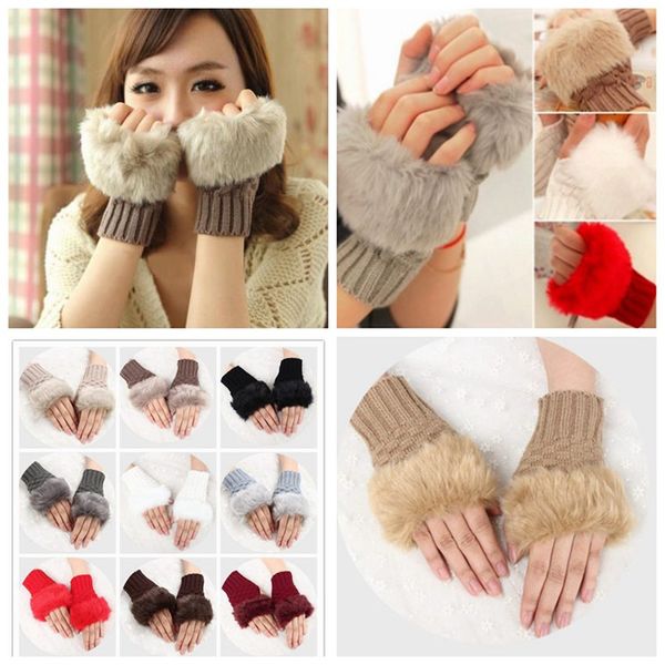 

women girl knitted faux rabbit fur gloves mittens winter arm length warmer outdoor fingerless gloves colorful christmas gifts zza1329 120pcs, Blue;gray