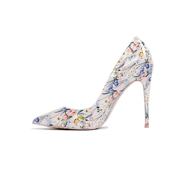 small fresh summer high heels women printed pictures female dress shoes, Black