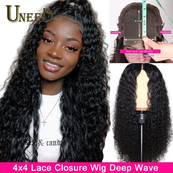 

brazilian 4x4 lace closure wig deep wave wig human hair wigs lace pre-plucked with baby hair natural color remy 150% density, Black;brown