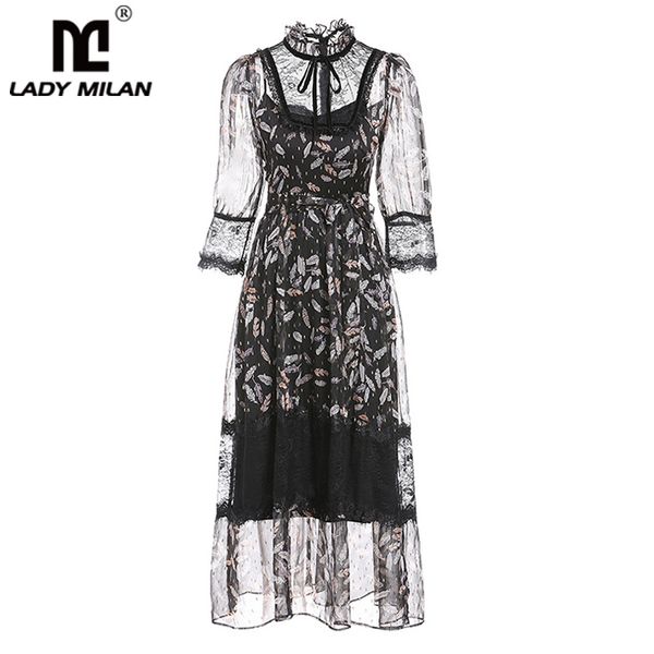 women's 2019 runway dresses o neck 3/4 sleeves lace patchwork printed elegant mid calf dresses, Black;gray
women's 2019 runway dresses o neck 3/4 sleeves lace patchwork printed elegant mid calf dresses, Black;gray