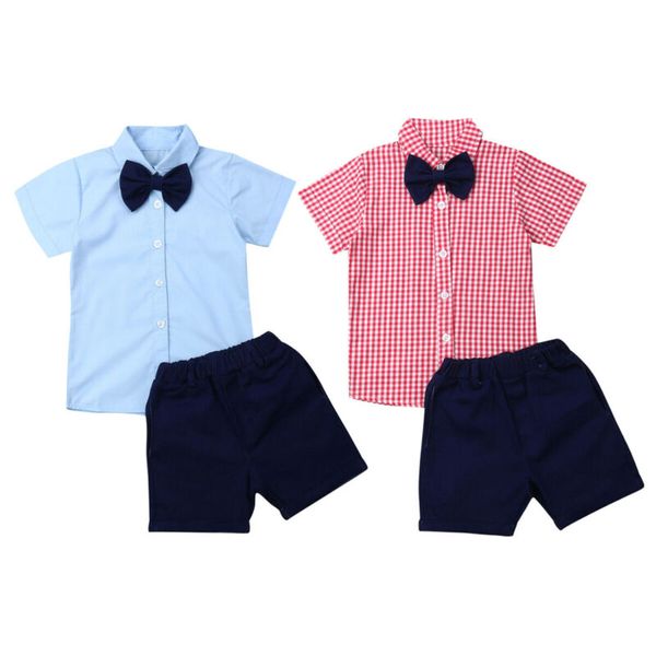 

handsome kids gentleman outfits toddler boy blue bowtie shirts short sleeve +pants children suits formal clothes 2 piece set, White