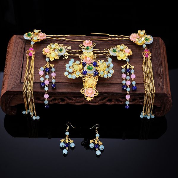bride's antique headdress hair stick chinese hairpin phoenix crown gold alloy handmade tassels banquet jewelry, Golden;white
bride's antique headdress hair stick chinese hairpin phoenix crown gold alloy handmade tassels banquet jewelry, Golden;white