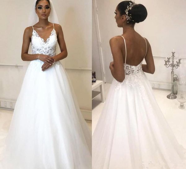 spaghetti strap lace beach wedding dresses summer boho a line tulle sweep train backless bridal gowns, White 
spaghetti strap lace beach wedding dresses summer boho a line tulle sweep train backless bridal gowns, White