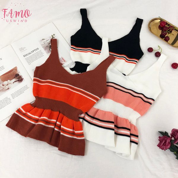 womens knitting striped ruffles hem cropped tanks lady sleeveless t shirts v neck sweet camis crop for female, White
womens knitting striped ruffles hem cropped tanks lady sleeveless t shirts v neck sweet camis crop for female, White