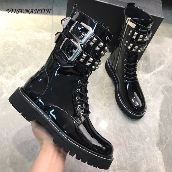 viisenantin rivets female cool motorcycle boots ankle buckle strap shiny leather thick bottom black punk boots
viisenantin rivets female cool motorcycle boots ankle buckle strap shiny leather thick bottom black punk boots