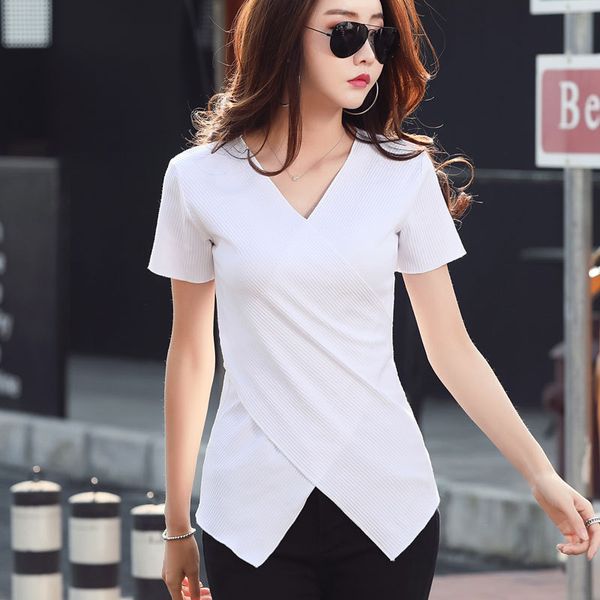 women tshirt cotton short sleeve black summer short sleeve slim t shirt v-neck simple irregular hem 2630ly, White
women tshirt cotton short sleeve black summer short sleeve slim t shirt v-neck simple irregular hem 2630ly, White