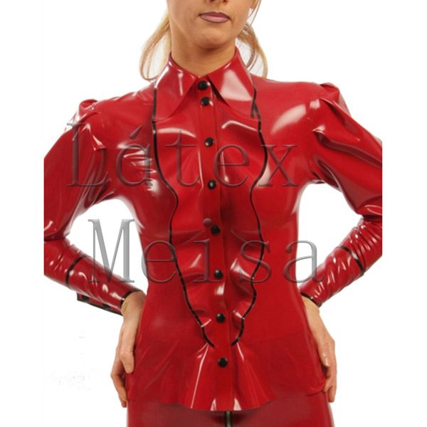 office lady style women's long sleeve latex blouses and decoratived with front buttons main in red with black trim colors, White
office lady style women's long sleeve latex blouses and decoratived with front buttons main in red with black trim colors, White