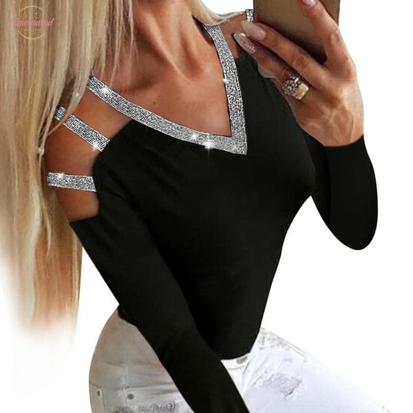 t shirt women black hollow out t shirt slim tee shirt femme off shoulder bling v neck knitted streetwear, White
t shirt women black hollow out t shirt slim tee shirt femme off shoulder bling v neck knitted streetwear, White