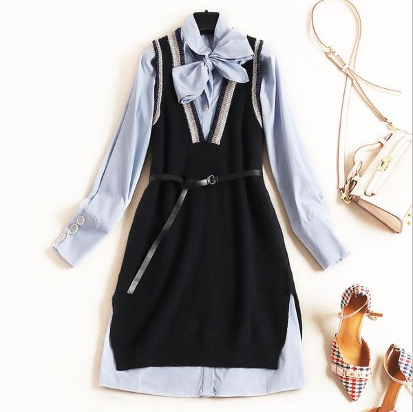 autumn 2019 new european and american women's wear bow shirt with long sleeves knitted vest dress two-piece, Black;gray
autumn 2019 new european and american women's wear bow shirt with long sleeves knitted vest dress two-piece, Black;gray