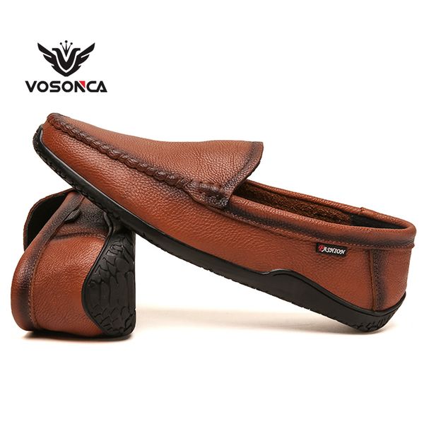 vosonca men shoes loafers cow leather casual shoes business casual men flats size 38-44, Black