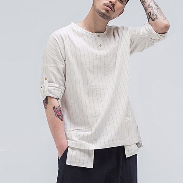 men's striped line shirts harajuku loose chinese style colloar casual pockets buttons blouse male irregular breathable clothes, White;black
men's striped line shirts harajuku loose chinese style colloar casual pockets buttons blouse male irregular breathable clothes, White;black