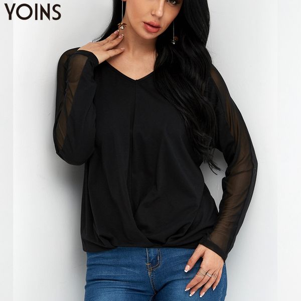 

chiffon 2019 spring lace women stitching shirts casual black solid loose long sleeve round neck pullover blusas yoins, White