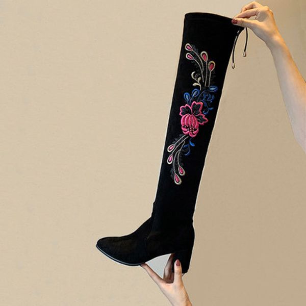 2019 new pointed fashion embroidery thick heel over thin skinny boots children, Black
2019 new pointed fashion embroidery thick heel over thin skinny boots children, Black