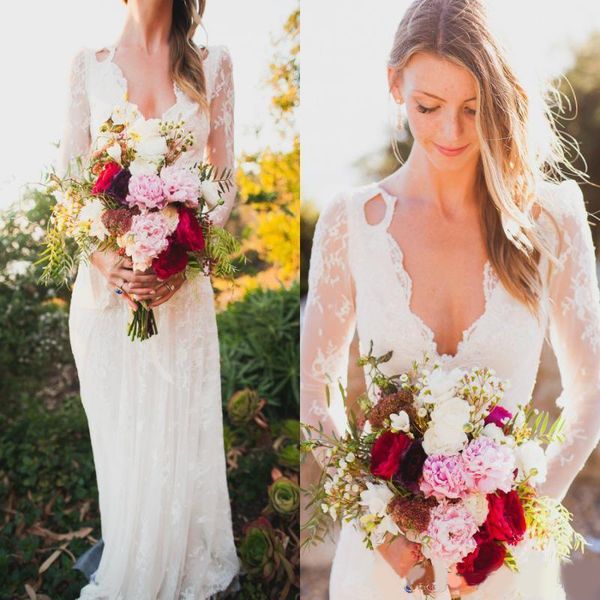 country spring bohemian wedding dresses with long sleeves plunging neck open back lace beach boho bridal party gowns, White
country spring bohemian wedding dresses with long sleeves plunging neck open back lace beach boho bridal party gowns, White