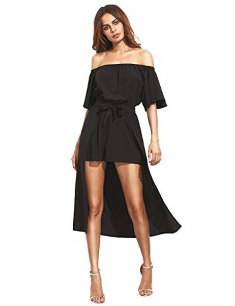 makemechic women's off the shoulder short sleeve romper party dress, Black;gray
