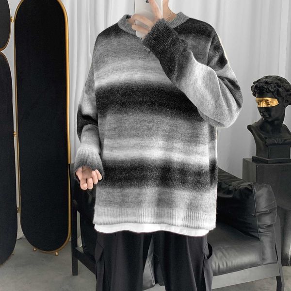 gradient striped color men sweater pullover o-neck korean style designer sweaters, White;black
gradient striped color men sweater pullover o-neck korean style designer sweaters, White;black